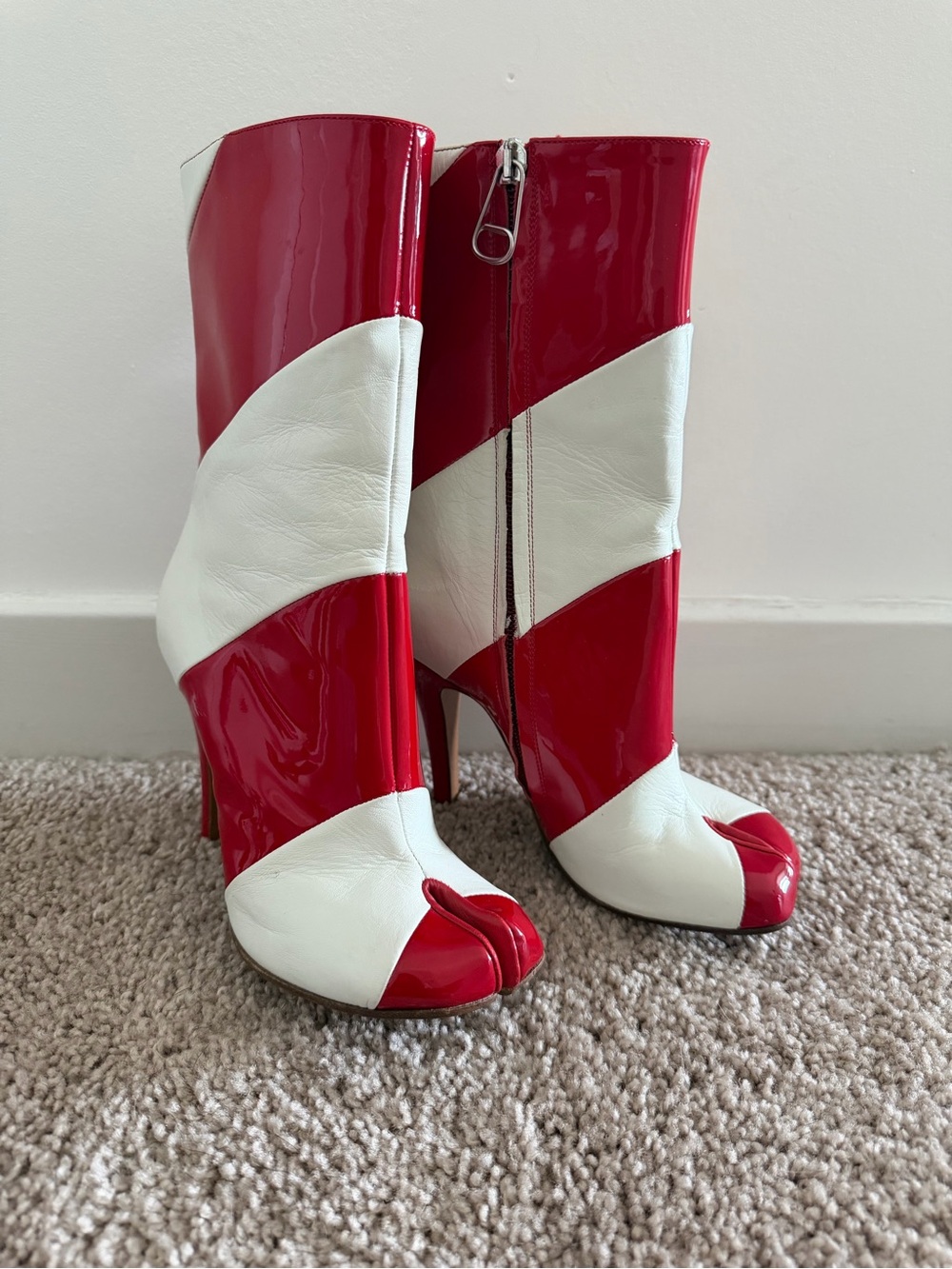 Maison Martin Margiela Red and White Patent Leather Tabi Ankle Boots